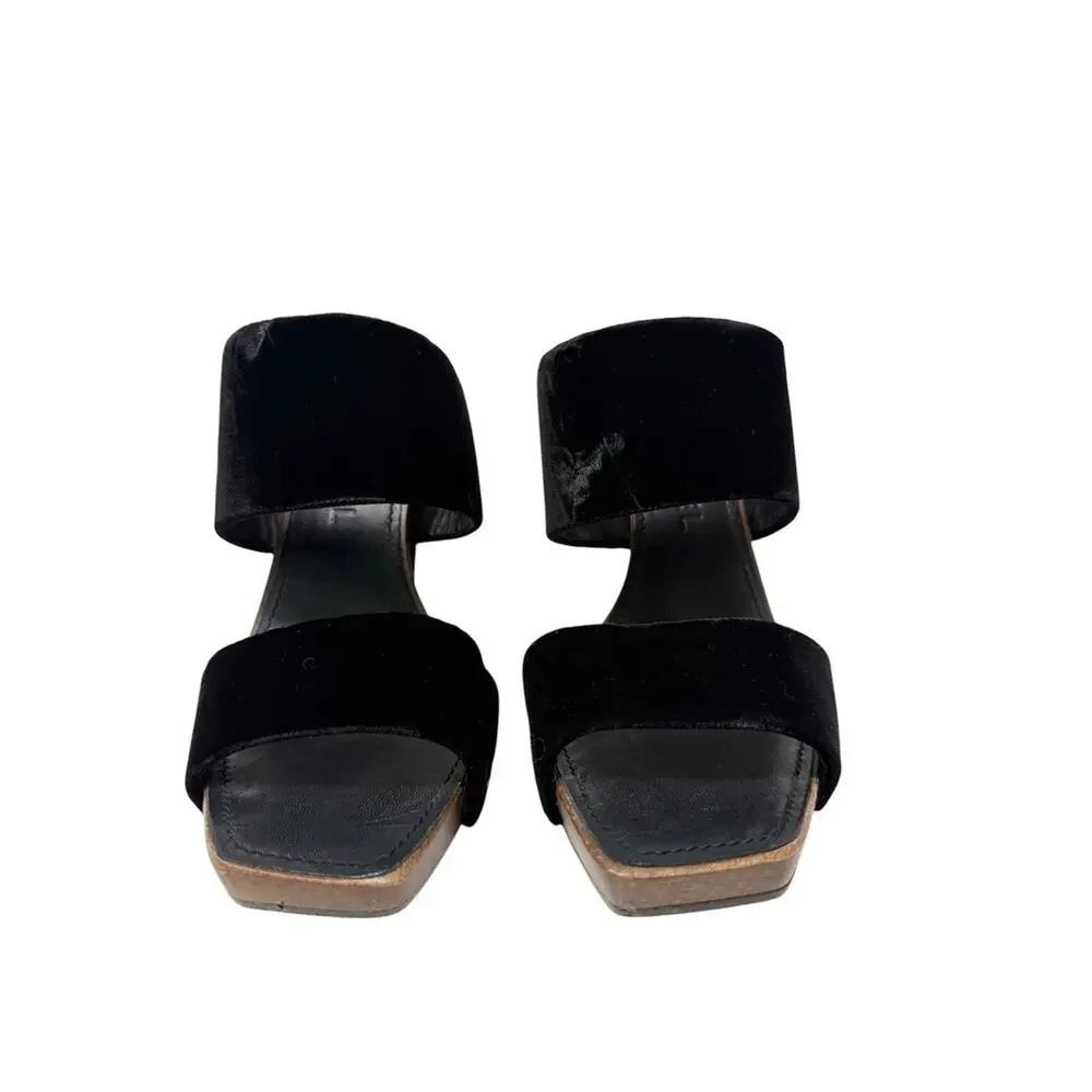 Chanel Vintage Black Velvet Studded Wooden Heel Sandals Size 38